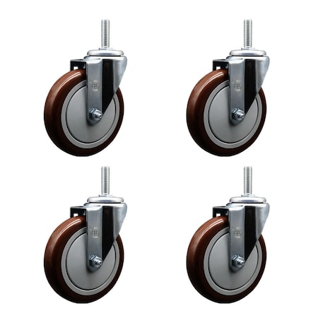 Service Caster 5 Inch Maroon Polyurethane Wheel Swivel 58 Inch Threaded Stem Caster Set Service Caster SCC-TS20S514-PPUB-MRN-58212-4